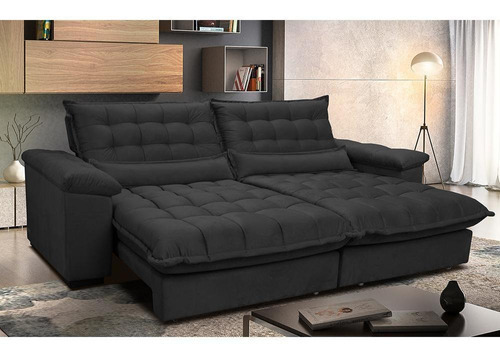 Sofá Retrátil e Reclinável 2,52m com Molas Ensacadas Cama inBox Aconchego Tecido Suede Preto