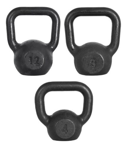 Kit Kettlebells Pintados 4kg + 8kg + 12kg (1 Un De Cada) Cor Preto