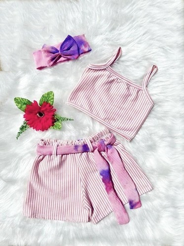 Conjunto Social Infantil Short + Cinto + Blusa +laço Tie Dye