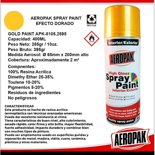 Imagen 2 de 7 de Aerosol Pintura Spray Aeropak Efecto Dorado 285gr/400ml