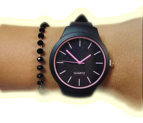 Reloj Angola Analógico Quartz Negro Rosa Malla Silicona