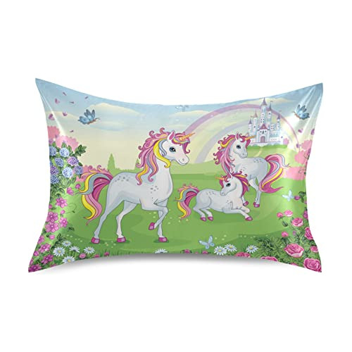 Funda De Almohada De Satén Cabello Y Piel, Unicornio C...