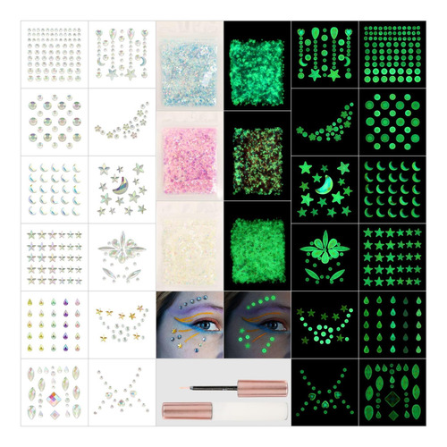 Gemas Faciales Noctilucentes, 12 Piezas De Joyas Luminosas P