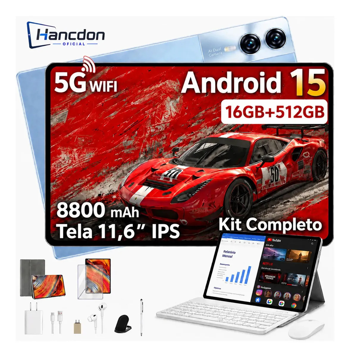 Tablet Android Tab S12 Kit Completo Ram 16 Gb 512 Gb 11,6'' Full Hd Wifi 2.4/4g/5g Dual Sim Bateria 8800mah Com Chip Caneta+teclado E Mouse Para Estudos E Trabalho Roblox Youtube 2 Em 1 Azul