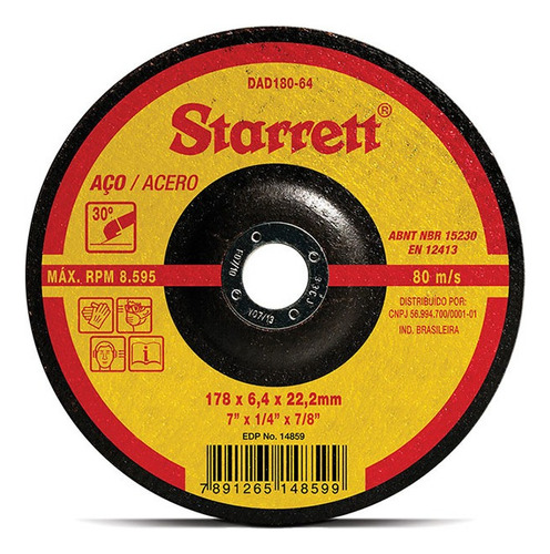 Disco Abrasivo De Desbaste 178mm X 6.4mm Dad180-64 Starrett