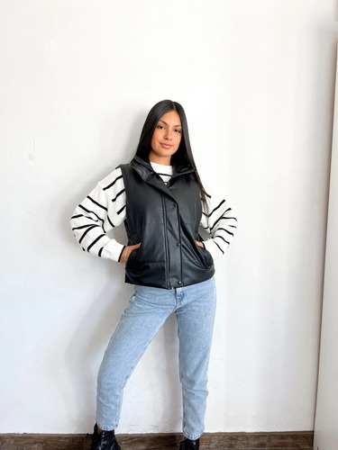 Chaleco Símil Cuero Acolchado, Bolsillo Estilo Y Abrigo