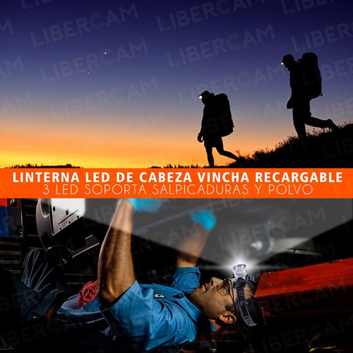 Imagen 9 de 10 de Linterna Minero Led Cabeza Vincha 3 Led Batería Recargable