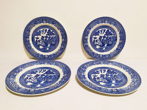 Juego 4 Platos Playos Loza Inglesa Staffordshire Old Willow