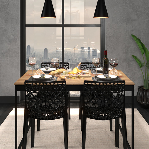Conjunto De Mesa De Jantar 120x90 Cm + 4 Cadeiras Gruvyer Industrial Em Madeira E Ferro Tampo Laminado E Pés Pretos, Design Nórdico Para Sala De Jantar Ou Cozinha