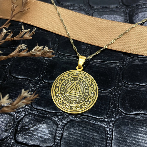 Cadena Y Dije Valknut Nudo Runa Vikingo Nórdico Oro 18k Amarillo 40 Cm