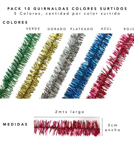Imagen 3 de 10 de Lameta Colores 3cm Pack X 10 - Boa Guirnalda Deco Navidad