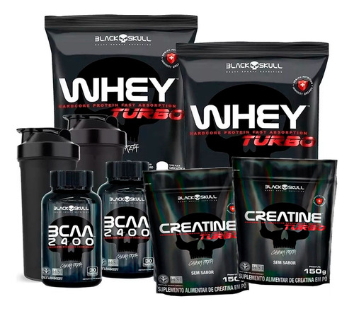 Combo 2x Whey Protein Turbo + Bcaa + Creatina - Black Skull Sabor Morango