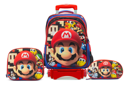 Set Mochila Mario Luigi Con Carrito Lonchera Termica Estuchera Niño 3d Color M/azul Diseño De La Tela Liso