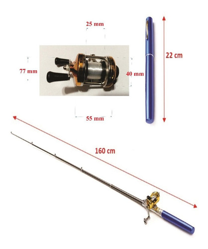 Imagen 2 de 4 de Equipo De Pesca Portatil Caña Lapicera 1,60 Mts , Reel Rotativo, Nylon Y Accesorios P-92