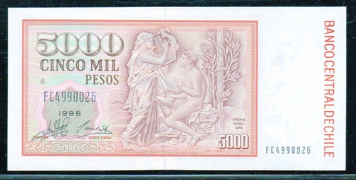 Billete De Chile 5.000 Pesos Año 1998 Massad Carrasco  Unc