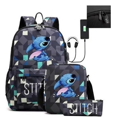 Mochila Usb Stitch Casual Conjunto De 3 Piezas Impermeable