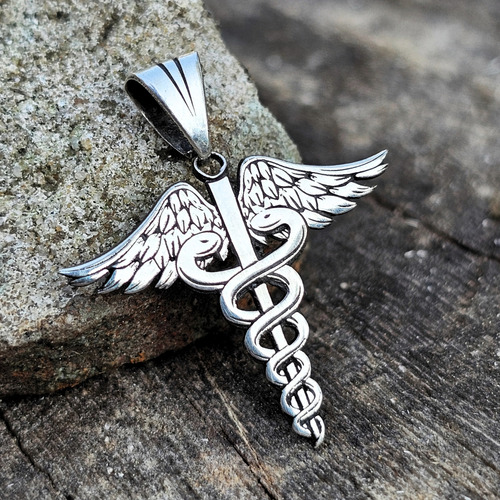 Dije Caduceo Esculapio Medicina Comercio En Plata 925 A - Tamaño 20x21mm