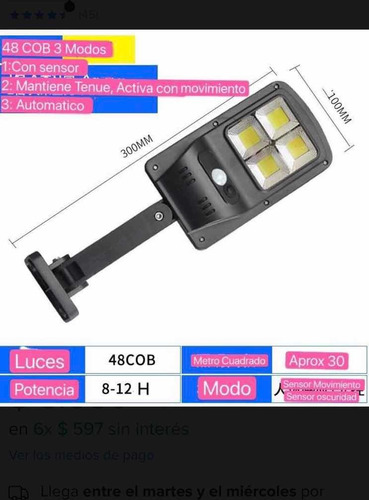 Foco Luz Con Sensor Movimiento 48led Cob 3 Modos