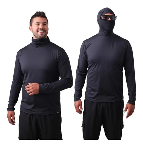 Camisa De Pesca Proteção Uv50+ Com Touca Ninja Preta