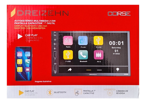 Pantalla Dreizehn Corse 7 PuLG Doble Din Carplay Bt Usb Aux 