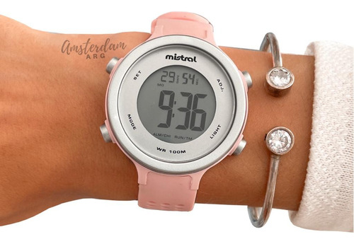 Reloj Unisex Mistral Modelo Ldm-064 Sumergible Color De La Malla Rosa Color Del Bisel Gris Color Del Fondo Gris