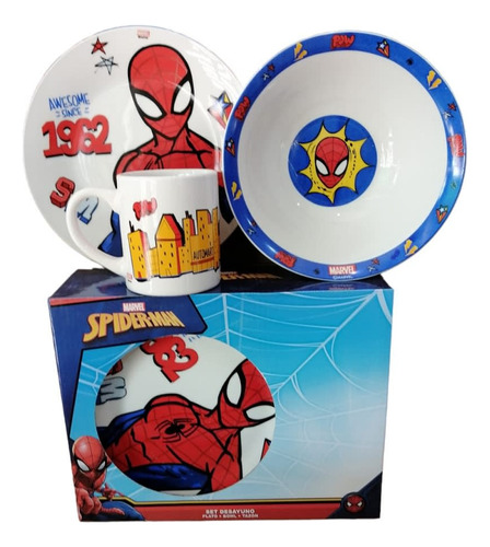 Set Plato + Bowl + Taza Ceramica Para Niños Spiderman Marvel