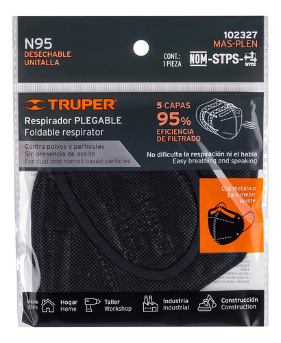 Respirador Plegable N95 Negro P/ Polvos Y Partículas 102327