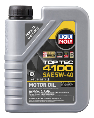 Aceite Sintetico Liqui Moly 5w40 Top Tec 4100 1 L. 40000 Km