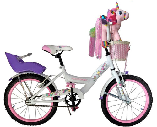 Bicicleta bmx infantil infantil Bicicletas Pioneer Unicornio Mágico R16 1v frenos v-brakes color blanco con pie de apoyo  