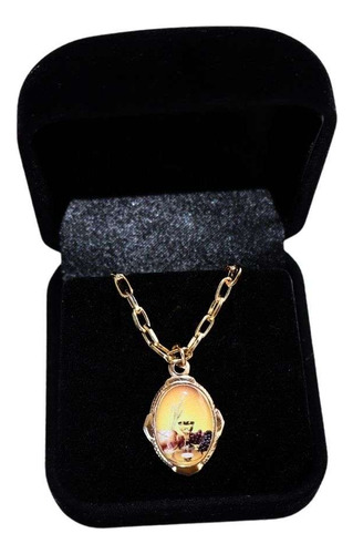 Colar Com Medalha Eucaristia Em Dourado Caixa Veludo Cor Azul