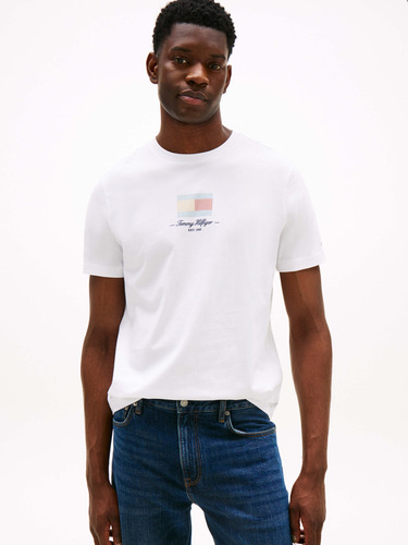 Playera Blanca Logo Rayas Tommy Hilfiger De Hombre