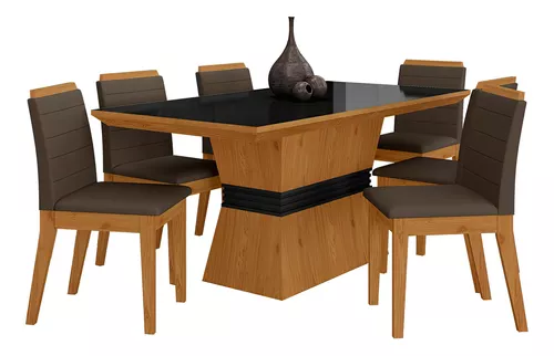 Conjunto Sala de Jantar Tampo MDF/Vidro 6 Cadeiras Helena Espresso Móveis