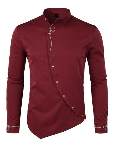 Camisa De Vestir De Manga Larga Con Bordado Oblicuo Con Boto