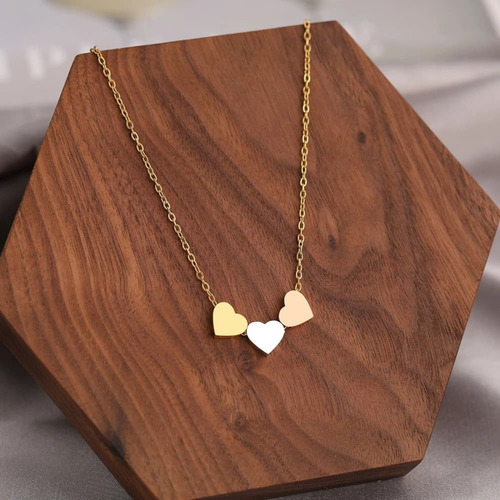Imagen 5 de 6 de Collar Mujer Dije Corazones Minimalista Acero Plata Oro Rosa