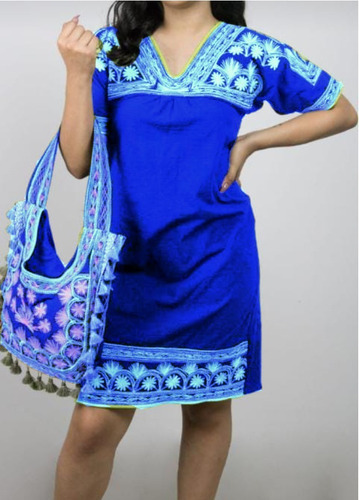 Vestido Elegante Artesanal Tlaui Oaxaca Con Bolsa De Mano