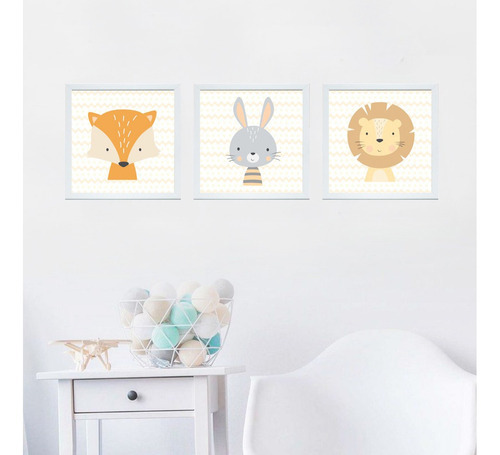 Quadro Decorativo Infantil Animais Safari Quarto Bebê 3 Pçs Cor Da Armação Branco Cor Branco