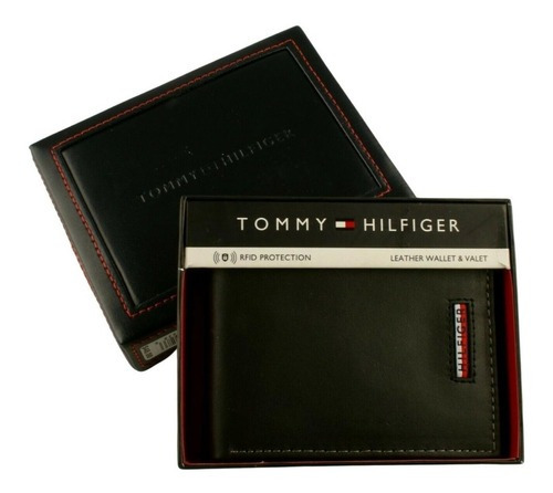 Cartera Tommy Hilfiger para hombre, color negro, diseño de tela con logotipo bordado