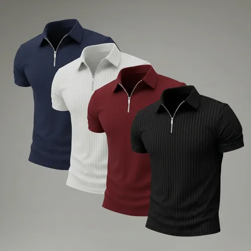 Kit 4 Camisa Polo Com Ziper Manga Curta Canelada Camiseta