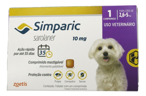 Antipulgas Simparic 10mg - Cães De 2,6 A 5kg - 1 Comprimido