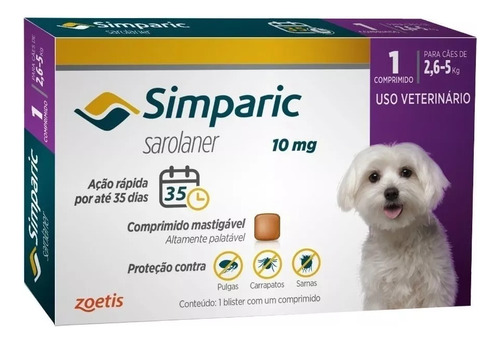 Antipulgas Para Cães Simparic 10mg De 2,6-5kg 1 Comprimido