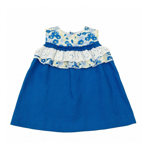 Vestido Casual Para Niña Bebe Diseño Tipo Español Azul Lino