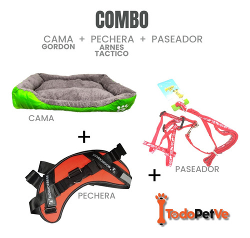 Combo / Cama + Pechera Arnés Táctico + Paseador Perros