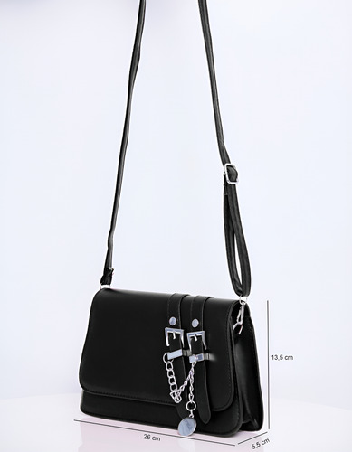 Cartera Mini Bag Tresher De Eco Cuero Con Cadena Decorativa Negro Liso Plateado Negro