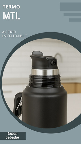 Termo Mtl 1 Litro Acero Inoxidable Pico Cebador Mate System Color Negro Tapa Vaso Térmico Doble Pared Reforzado Alta Resistencia Líquidos Calientes Fríos