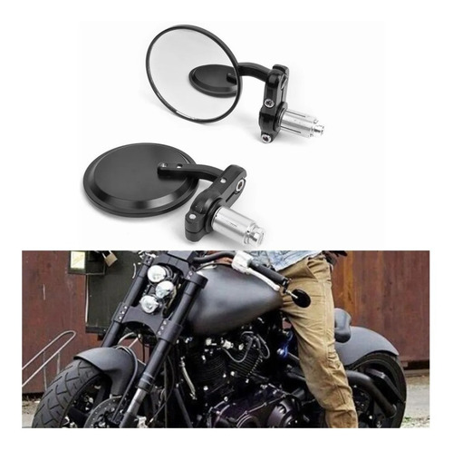 Imagen 2 de 6 de Juego Espejos Cafe Racer Redondos Negros Bobber Gaona Motos
