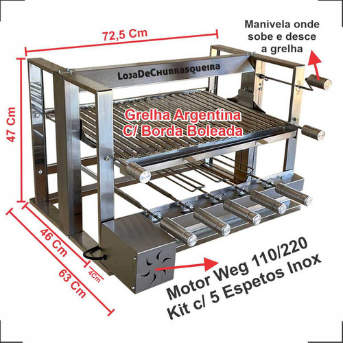 Suporte Churrasqueira Gr Elevatória Kit Giratório 5 Espetos
