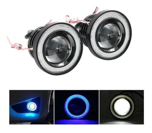 Imagen 1 de 9 de X2 Foco Neblinero Led Ojos De Ángel Blanco Y Aro Azul 89mm