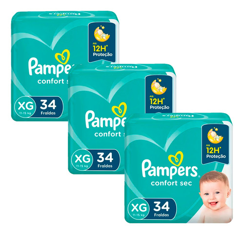 Kit Com 3 Fralda Pampers Confort Sec Mega Xg 34 Unidades