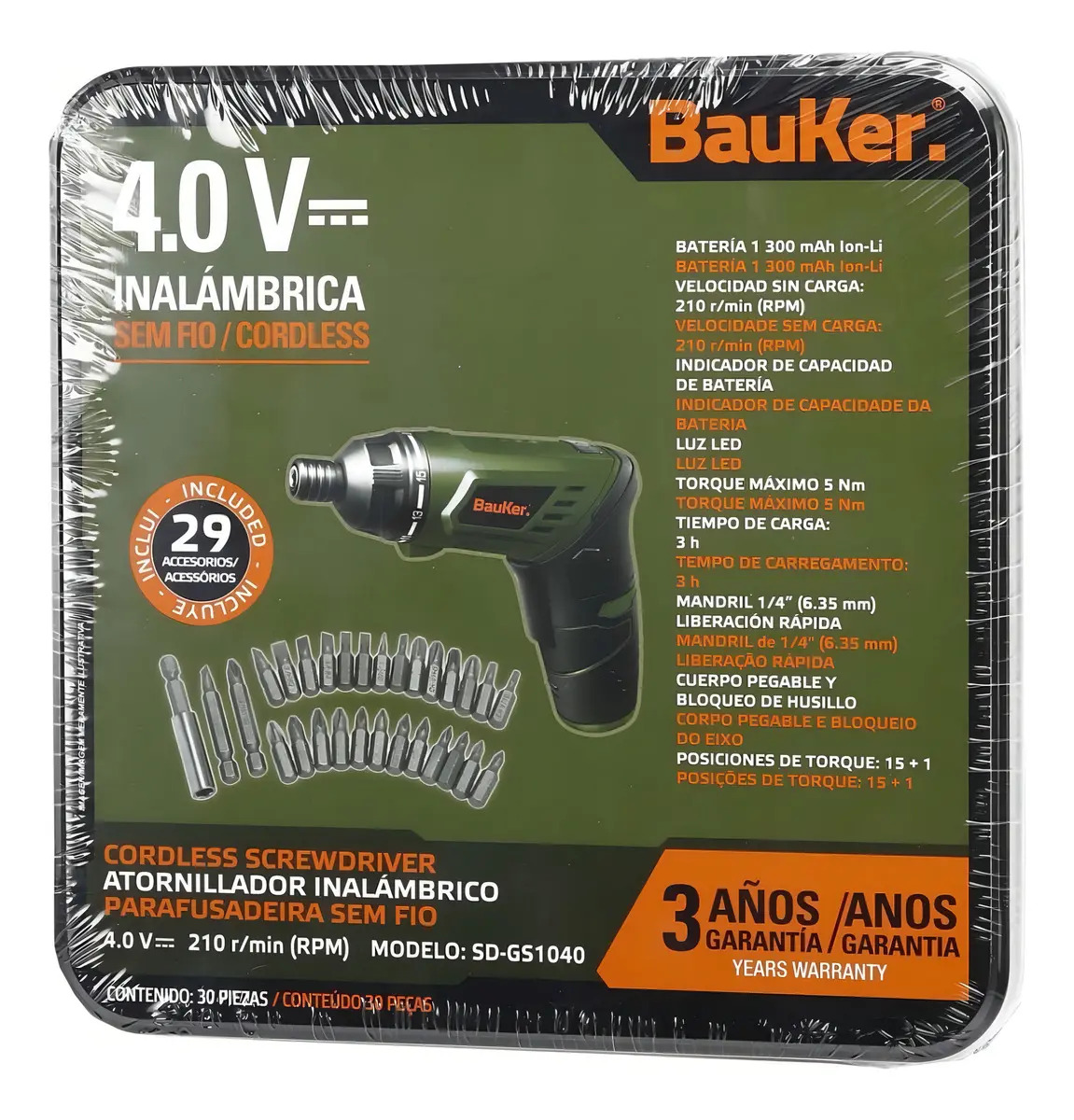 Bauker Atornillador Inalámbrico 4v + 29 Accesorios Color Con Cargador USB