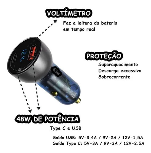 Carregador Veicular Turbo Celular Com Voltimetro E Cabo